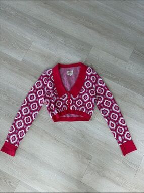 Nine Lives Bazaar Red & White Geometric Cropped Cardigan with Peter Pan Collar